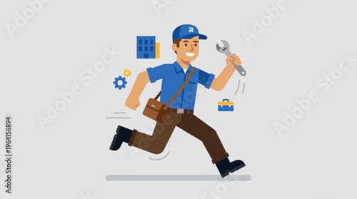Illustration of a cheerful male technician running quickly with a wrench and shoulder bag, ready for fast service and repairs.