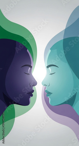 Two faces, colored purple and cyan, in profile facing each other, suggesting connection, relationships, and diversity in unity with wave design
