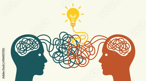 Two head silhouettes with tangled lines representing complex thoughts and communication leading to a bright idea.