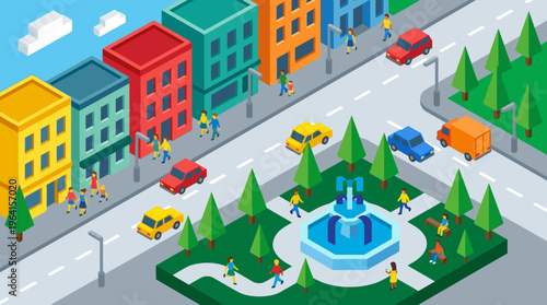 Isometric city scene with colorful buildings, cars, pedestrians, and a central park featuring a fountain and trees.