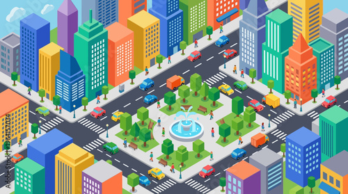 Isometric view of a vibrant, modern city with colorful buildings, busy roads, cars, and a central park with a fountain.