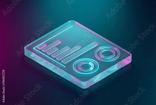 Neon holographic data visualization on clear glass with blue pink glow