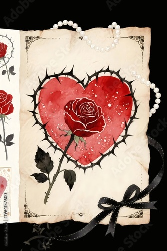 Gothic Watercolor Heart with Thorns and Roses Illustration