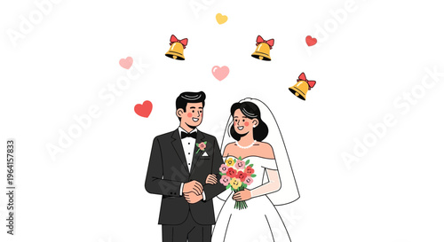 Happy Newlywed Couple Walking Together Arm in Arm.