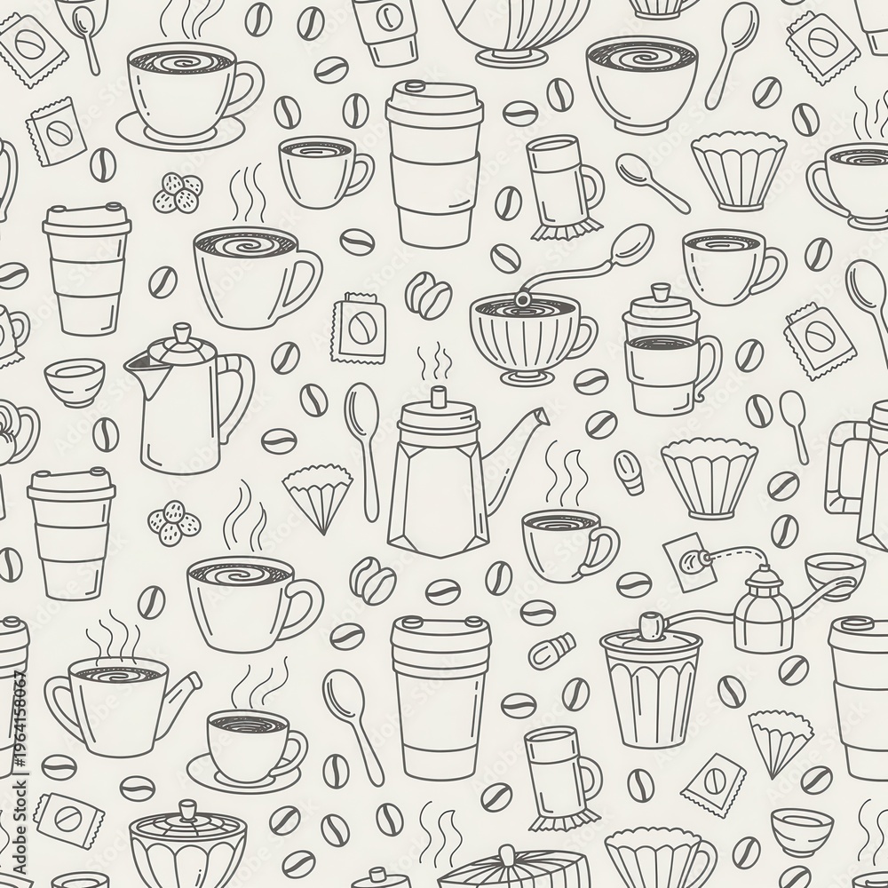 Fototapeta premium Seamless pattern with various coffee and tea elements on a light background outline art