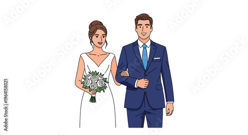 Bride and Groom Walking Together Arm in Arm.