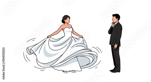 Bride happily twirling in wedding dress while groom watches.