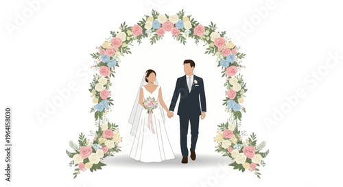 Bride and Groom Walking Through Floral Wedding Arch.