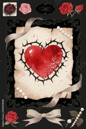 Gothic Watercolor Heart with Thorns and Roses Illustration