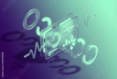 Abstract transparent screens with data graphs and icons in 3D rendering