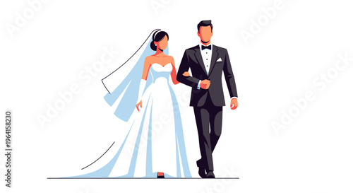 Elegant Bride and Groom Walking Arm in Arm.