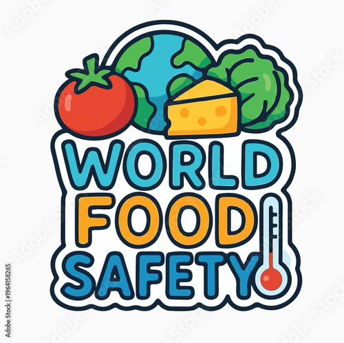 Colorful cartoon illustration celebrating World Food Safety Day, emphasizing global health, nutritious food, and careful temperature monitoring for well-being.