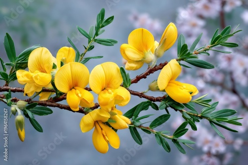 Yellow broom flowers blooming on branch in spring