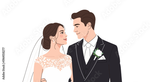 Elegant Wedding Couple Gazing Lovingly at Each Other.