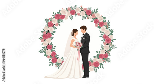 Elegant Wedding Couple Embracing Within Floral Archway.