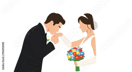 Groom kisses brides hand on wedding day.