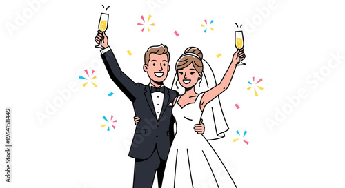 Happy Bride and Groom Celebrating Wedding Day Toast.