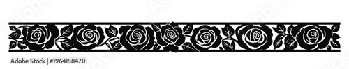 Black rose floral border with repeating flower pattern and leaves forming a continuous decorative horizontal edge ideal for wedding designs invitations packaging and elegant layouts