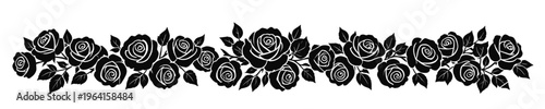 Black rose floral border with dense clusters of blooming flowers and leaves forming a rich decorative horizontal edge ideal for wedding designs invitations branding and romantic layouts