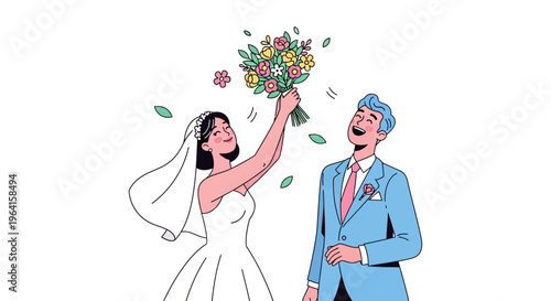 Happy Bride and Groom Celebrating Wedding Day Together.