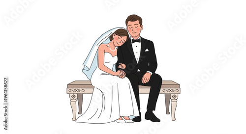 Happy Bride and Groom Sitting Together on Bench.