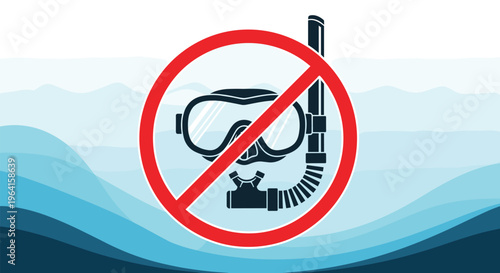 Prohibited snorkeling mask and snorkel icon with a red prohibition sign on an abstract blue wavy background of water.
