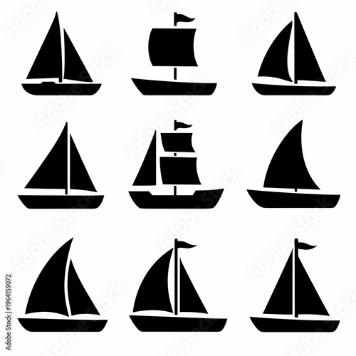 Vector set of elegant sailboat icons for nautical graphic design projects, illustrating maritime adventure and ocean travel