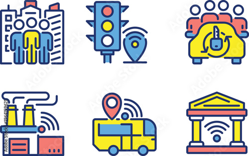 Illustrations of various smart city and transportation icons