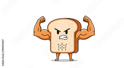 Humorous cartoon bread slice character showing off large arm muscles and a six pack abdomen with a determined angry face.