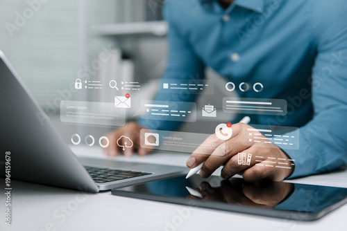 The business technology concept in digital communications concerns the process of exchanging information and messages globally in digital format through electronic media and internet technology.