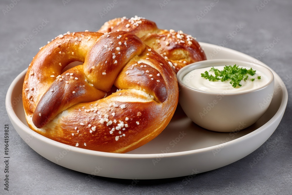 Fototapeta premium Salty soft pretzel with cheese dip served on plate