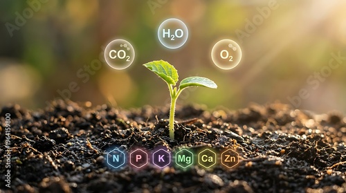 Young plant growing in soil with floating icons representing water carbon dioxide oxygen and nutrients for sustainable plant growth and environment health