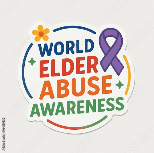 World Elder Abuse Awareness sticker design prominently featuring a purple ribbon symbol for advocacy and recognition