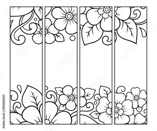 Printable bookmark for book - coloring. Set of black and white labels with flower patterns, hand draw in mehndi style. Sketch of ornaments for creativity of children and adults with colored pencils.
