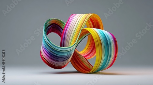 Twisted rainbow loop abstract 3d render with smooth glossy curves, vibrant multicolor gradient spiral shape, modern minimal design, futuristic digital artwork, flowing fluid geometry isolated on clean