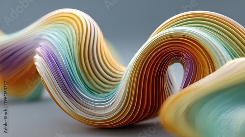 Twisted rainbow loop abstract 3d render with smooth glossy curves, vibrant multicolor gradient spiral shape, modern minimal design, futuristic digital artwork, flowing fluid geometry isolated on clean