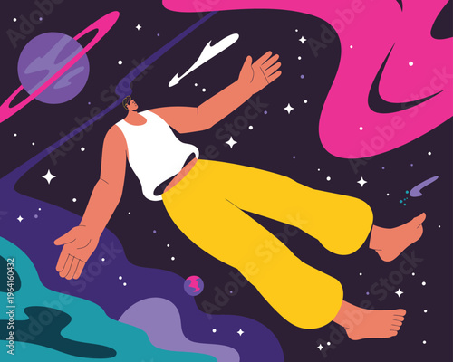 Person floating in colorful cosmic space with planets and stars