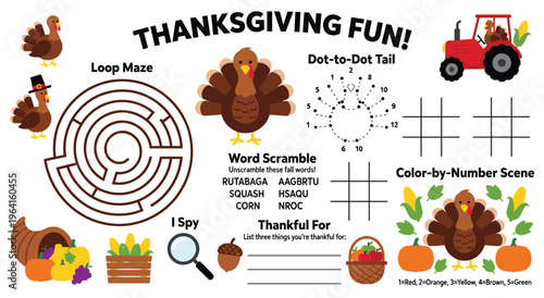 Engaging thanksgiving activity sheet for children features festive turkey, challenging loop maze, dot-to-dot game, word scramble, tic-tac-toe, and color-by-number scene.