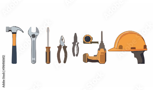 Construction and maintenance tools vector set with hammer wrench screwdriver pliers drill isolated on white
