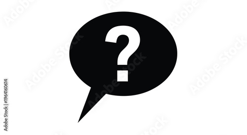 A minimalist graphic depicts a white question mark centered within a solid black speech bubble icon high quality professional detailed modern