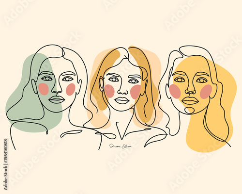 Three minimalist line faces with red blush and neutral expressions