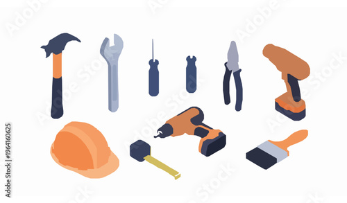 Isometric construction and repair tools vector illustration maintenance service set isolated on white