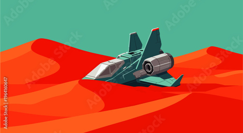 futuristic spaceship embedded in vibrant red sand dunes creating a striking science fiction scene of alien desert exploration.