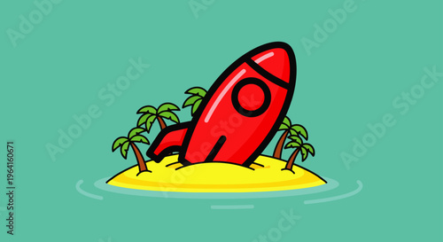 red cartoon rocket crashed on a secluded tropical island a whimsical adventure illustration for travel and exploration themes.