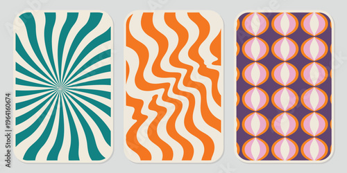 Three retro style abstract patterns in teal orange and purple