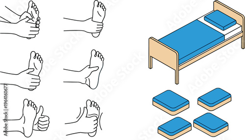 Foot Reflexology Massage Techniques with Pressure Points and Therapy Bed Setup Illustration Set for Wellness Treatment and Physiotherapy Practice Vector Design