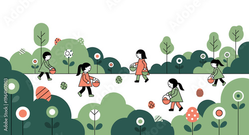 easter egg hunt for girls happy children collecting colorful eggs in a cheerful spring park illustration.