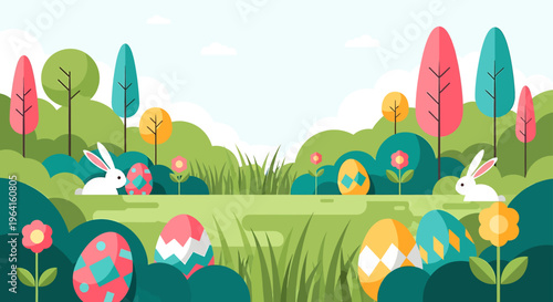 easter egg hunt with rabbits and colorful eggs in a vibrant modern flat design spring landscape perfect for holiday greetings.
