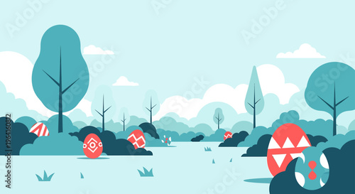 easter egg hunt with vibrant easter eggs scattered across a serene spring landscape a flat design outdoor nature scene.