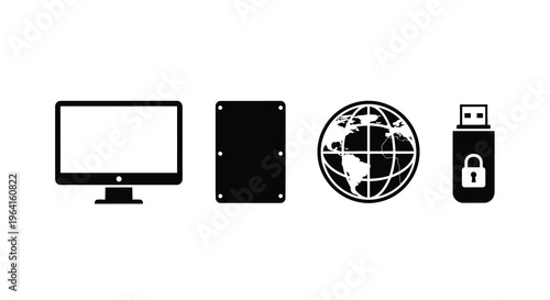 A minimalist black and white illustration depicts a computer monitor hard drive globe and secured usb drive high quality professional detailed